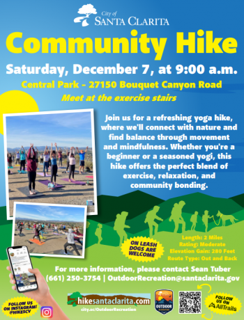 December Community Hike with a Yoga activity. Saturday, December 7, 2024 at Central Park. Meet at the exercise stairs.