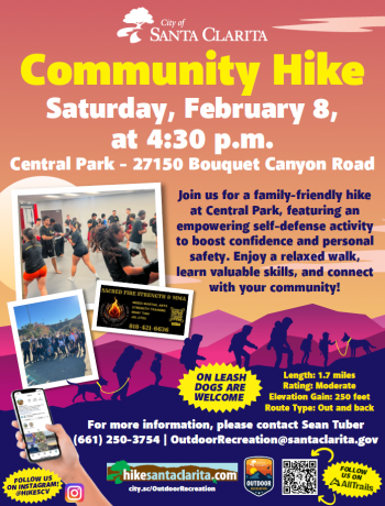 February Community Hike at Central Park on Saturday, February 8, 2025, at 4:30 p.m.