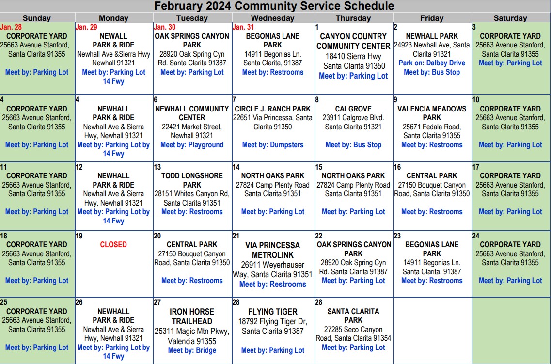 Community Service Schedule City of Santa Clarita