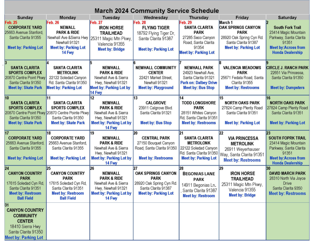 Community Service Schedule City of Santa Clarita