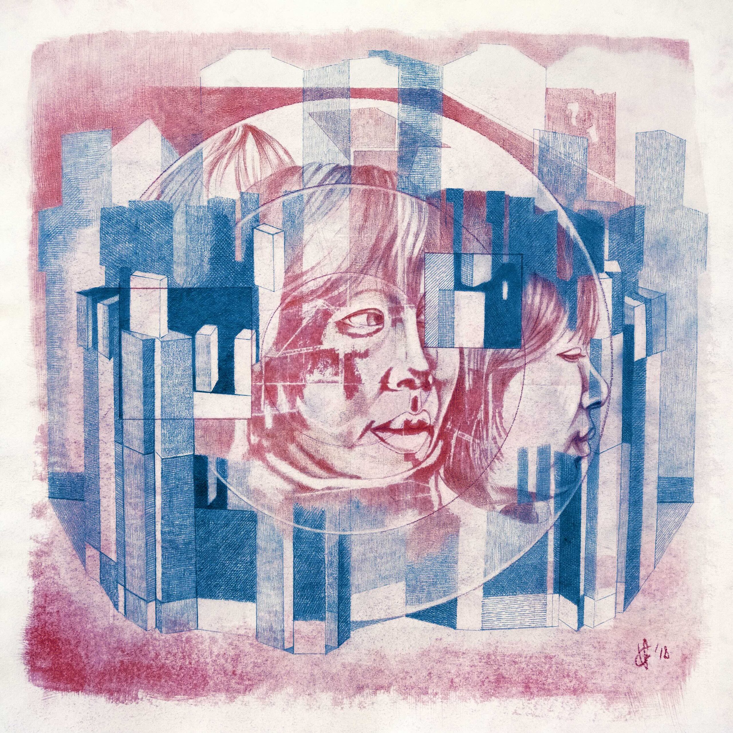 Pink and blue artwork of human faces surrounded by buildings