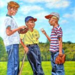 Painting of three kids standing around with baseball equipment