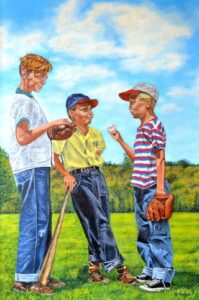 Painting of three kids standing around with baseball equipment