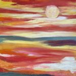 Painting of a sunset with reds, oranges, blues and yellows
