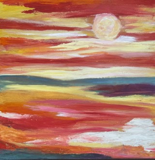 Painting of a sunset with reds, oranges, blues and yellows