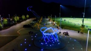 When Cloud Met a Cloud art piece showing the lights trickle up the staircase