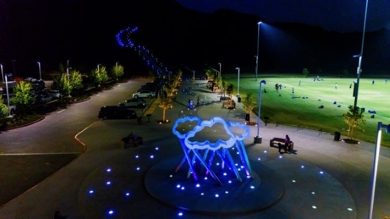 When Cloud Met a Cloud art piece showing the lights trickle up the staircase