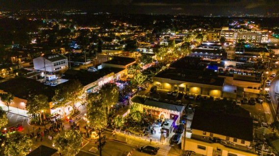 Drone shot of Main Street lit up at night