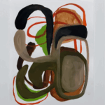Abstract painting with browns, reds and greens swirling around each other