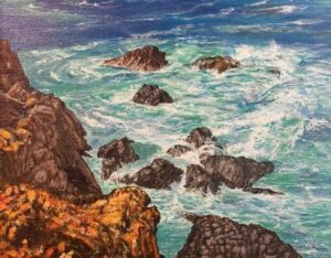 Painting of the ocean crashing against coastal rocks