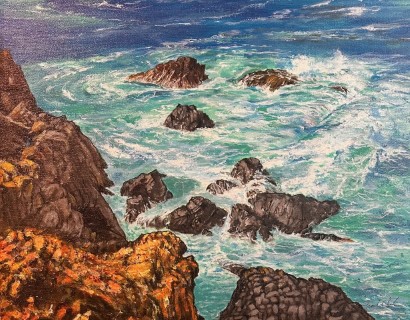 Painting of the ocean crashing against coastal rocks