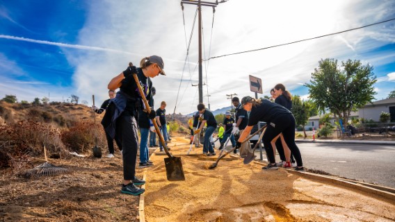 Volunteers with shovels laying a path