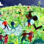 Painting of people placing earthly puzzle pieces to make the world