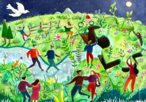 Painting of people placing earthly puzzle pieces to make the world