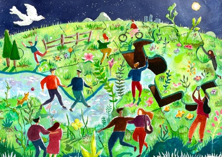 Painting of people placing earthly puzzle pieces to make the world