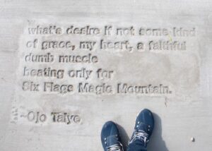 Sidewalk Poetry reads: what's desire if not some kind of grace, my heart, a faithful dumb muscle beating only for Six Flags Magic Mountain. - Ojo Taiye