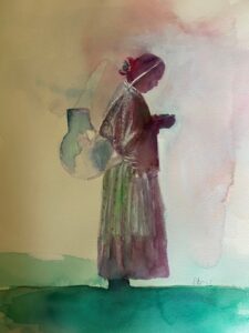 Painting of a woman looking down at her hands