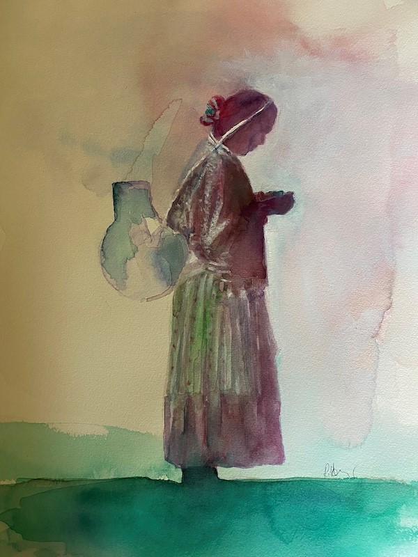 Painting of a woman looking down at her hands