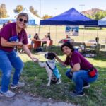 Volunteers showing off adoptable dog