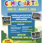 Camp Clarita June 15-August 7, 2026 Looking to give back to the community and have fun while working? Join the Camp Clarita team! Perks include: paid training, engage with kids through activities and field trips, weekends off, fun work environment, opportunity to be a role model for youth, CPR/ First Aid Certification, free skating at The Cube. Apply by Wednesday, April 22. Learn more at SantaClarita.gov/Jobs.