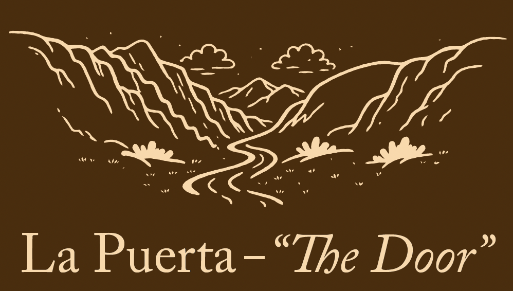 La Puerta - "The Door" Graohic of river flowing through two mountains, one mountain in the back, and clouds in the sky