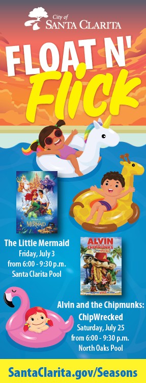 The first Float N' Flick will take place on Friday, July 3, at Santa Clarita Park Pool and feature Disney's The Little Mermaid (1989). The second event will be held on Saturday, July 25, at North Oaks Park Pool and feature Alvin and the Chipmunks: Chipwrecked. Both events will run from 6:00 to 9:30 p.m. Guests are invited to enjoy open swim from 6:00 to 8:00 p.m. before settling into the pool or relaxing on the pool deck to watch the featured film beginning at 8:00 p.m.