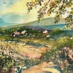 Zony Gordon A Pleasant Neighborhood - painting of green hills, bushes, flowers, sunlight coming in on right hand side.