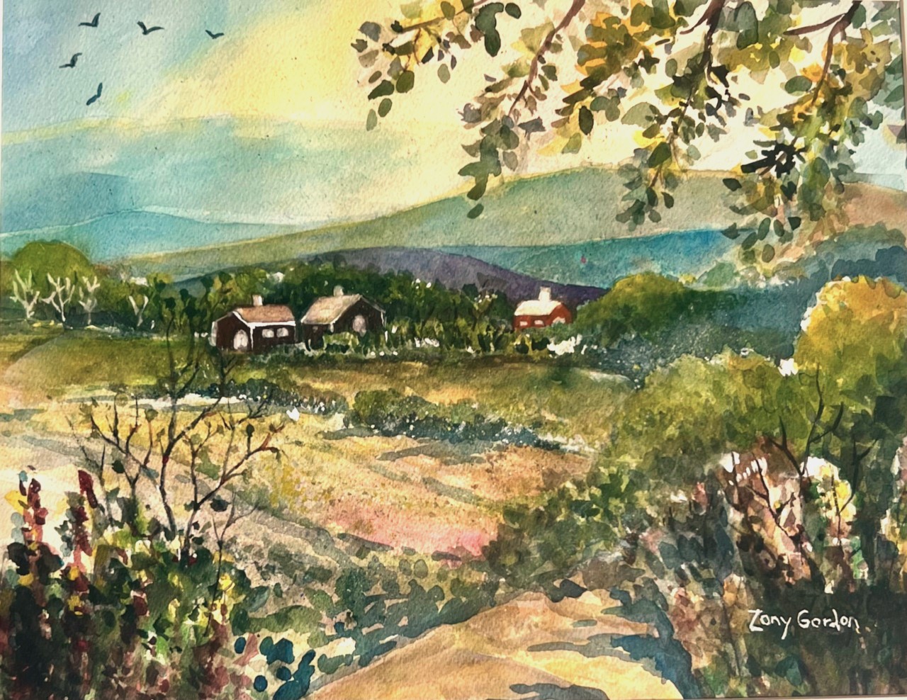 Zony Gordon A Pleasant Neighborhood - painting of green hills, bushes, flowers, sunlight coming in on right hand side.