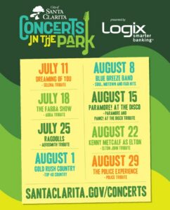 Concerts in the Park Schedule: 2026 Concert Schedule • July 11 — Dreaming of You: Selena Tribute • July 18 — FABBA: ABBA Tribute • July 25 — RagDolls: Aerosmith Tribute • August 1 — Gold Rush Country: Top 40 Country Hits • August 8 — Blue Breeze Band: Soul, Motown and R&B Hits • August 15 — Paramore! At the Disco: Paramore and Panic! At The Disco Tribute • August 22 — Kenny Metcalf as Elton John: Elton John Tribute • August 29 — The Police Experience: Tribute to The Police