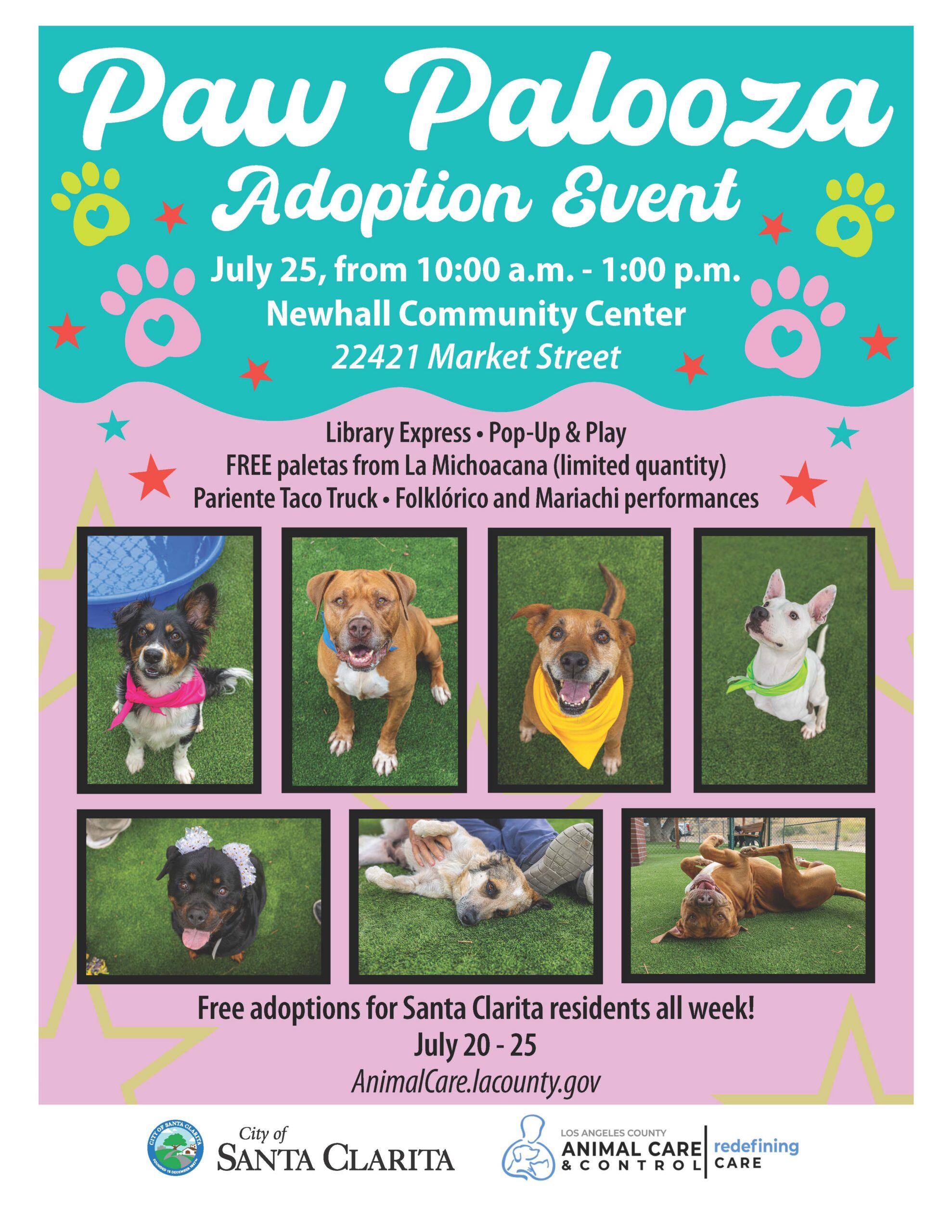The City of Santa Clarita is inviting residents to make room for a new furry family member during Pet Adoption Week, taking place Monday, July 20 through Saturday, July 25. While Pet Adoption Week is traditionally held in October, this year's event has moved to the summer to help address the increased number of animals entering the Santa Clarita Valley Animal Care Center during one of its busiest times of the year.